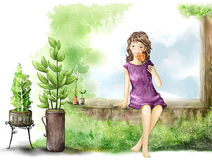 purple dressed girl sitting beside potted plants painting