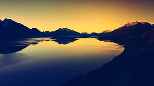 mountains illuminating on body of water, landscape, lake, nature, sunset
