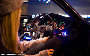 black car steering wheel, Speedhunters, Mazda RX-7, tuning, Mazda