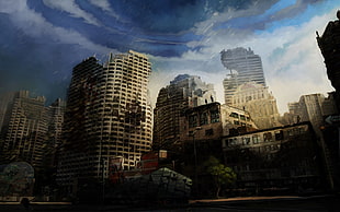 destroyed city illustration, apocalyptic, city, ruin, artwork