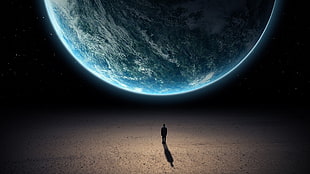standing man and blue planet illustration, men, world, digital art, space art