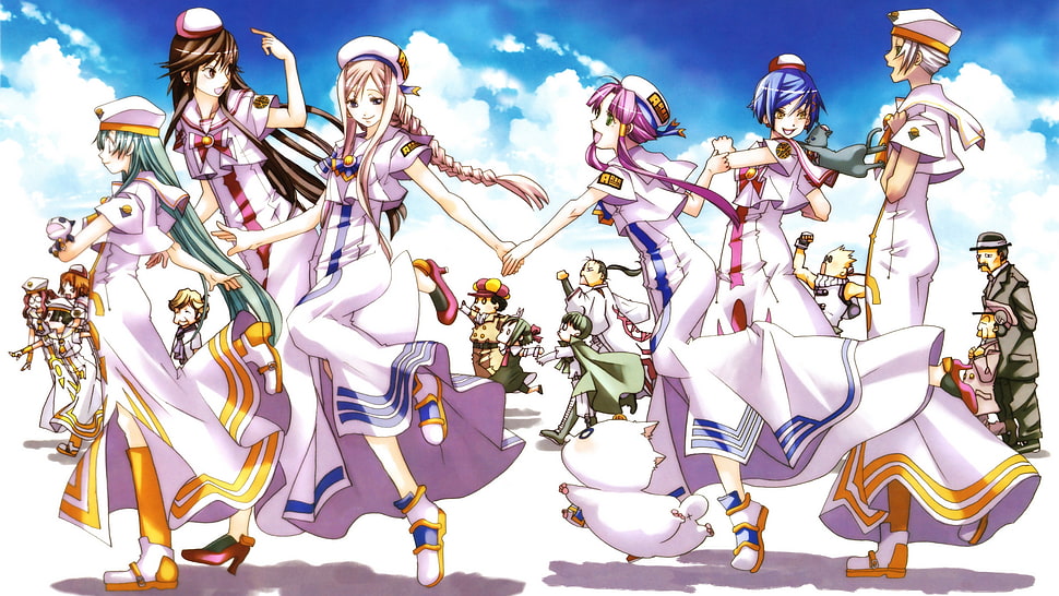 six female anime characters HD wallpaper