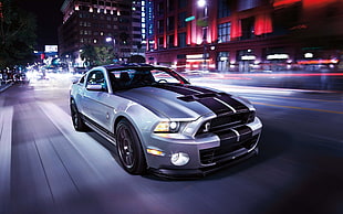 timelapse photography of silver and black Ford Mustang on road