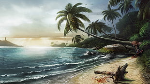 shore near coconut tree painting HD wallpaper