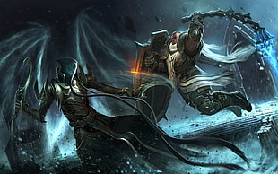 Crusader holding shield and weapon and monster digital wallpaper HD wallpaper