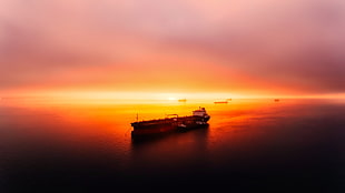 silhouette photo of boat, photography, oil tanker, sunset, sea