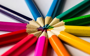 selective focus photography of assorted color pencils HD wallpaper