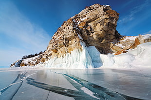 brown cliff with ice, ice, lake, winter, nature