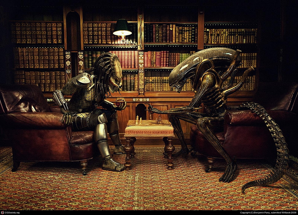 Alien and Predator cosplayers, Alien vs. Predator, chess, digital art, predator (creature) HD wallpaper