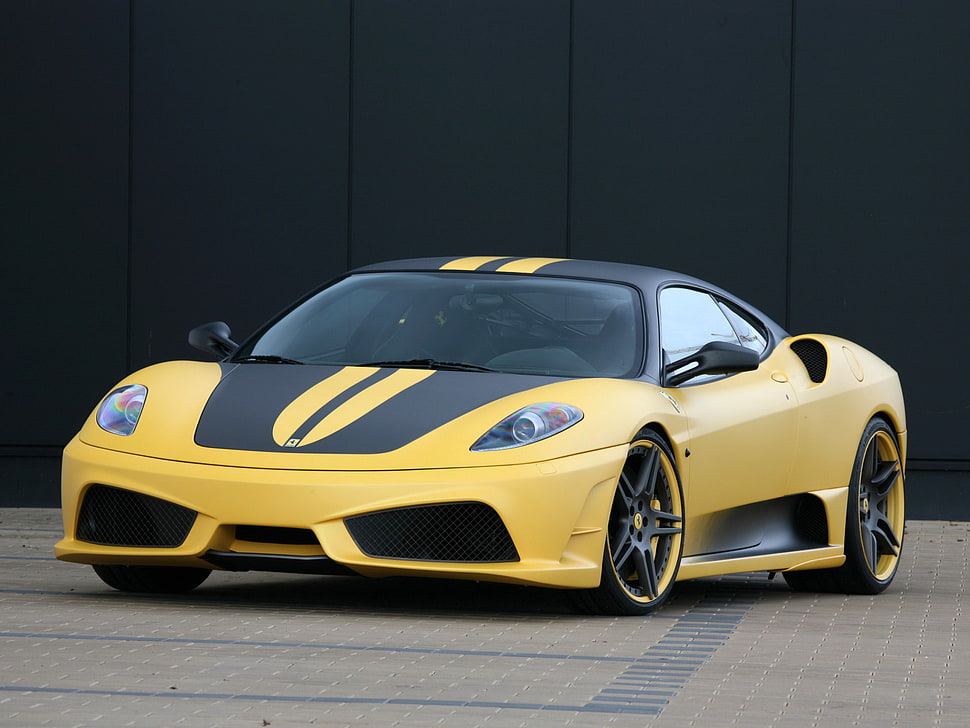 yellow and black Ferrari sports car on road HD wallpaper