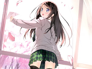 female anime character in gray sweater digital wallpaper HD wallpaper