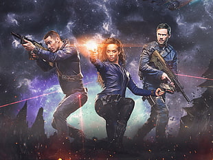 three person in blue uniform holding rifle movie poster