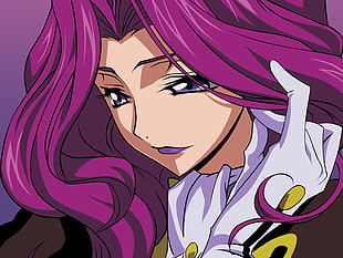 female anime character in purple hair