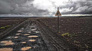 street signage board, landscape, mud, traffic signs, apocalyptic