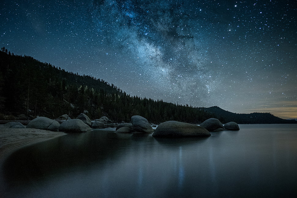 photo of stars over body of water during nighttime, nevada, lake tahoe HD wallpaper
