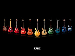assorted-color electric guitars, guitar