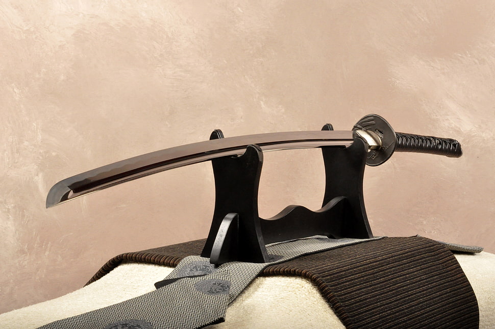 silver katana on brown wooden rack HD wallpaper