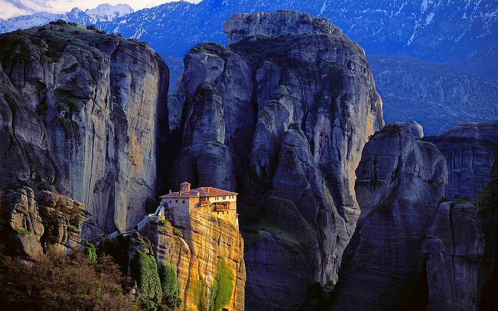 white concrete house on mountain peak, monastery, mountains, cliff, rock HD wallpaper