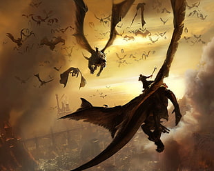 brown dragons digital wallpaper, flying, dragon, fantasy art, digital art
