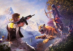 man holding arrow with tiger with man holding assault rifle