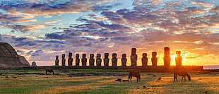 gray stone hedge, Easter Island, Chile, Moai, statue