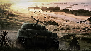 soldiers standing beside battle tank illustration, artwork, military, tank