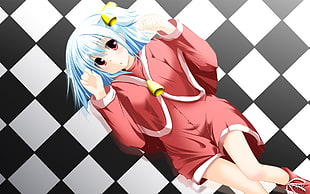 teal haired anime character laying on black and white checked floor HD wallpaper