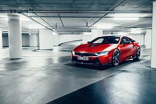 photography of red BMW I8