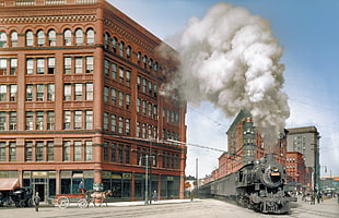 black metal train, steam locomotive, train, smoke, colorized photos