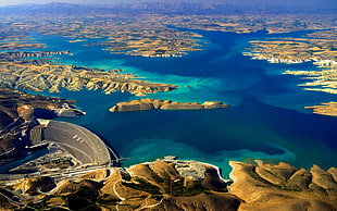 aerial view of mountains surrounding water and dam, lake, dam, Turkey, blue