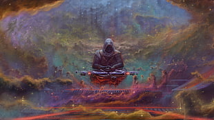 illustration of man wearing black robe while levitating