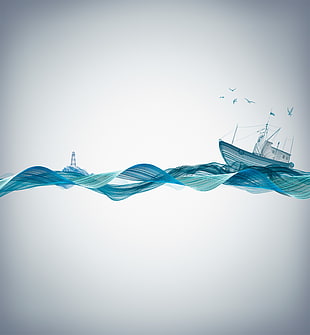 blue ship painting, Sound waves, Boat, Sea