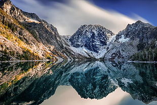landscape and water reflecting photography of mountain during daytime