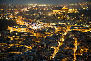 aerial view of town with street lights during nighttime HD wallpaper