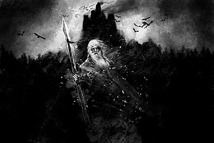 man holding spear painting, painting, Vikings, Odin, Gungnir