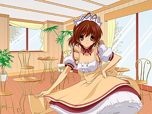 brown-haired girl anime character in white and beige dress