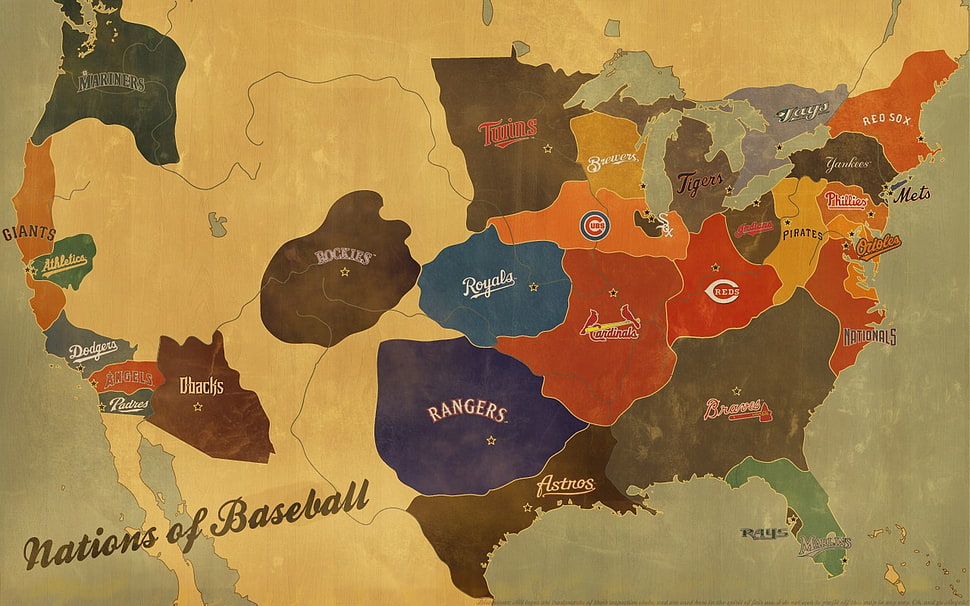 nations of baseball poster, Major League Baseball, map, USA HD wallpaper