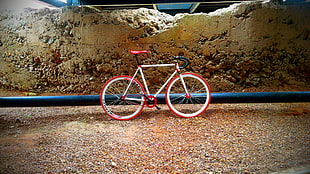 red and white road bicycle, fixie, bicycle