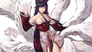 female with red and white dress fox illustration, Ahri