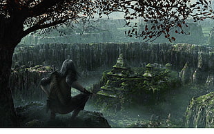 male anime character, warrior, artwork, ruin, trees