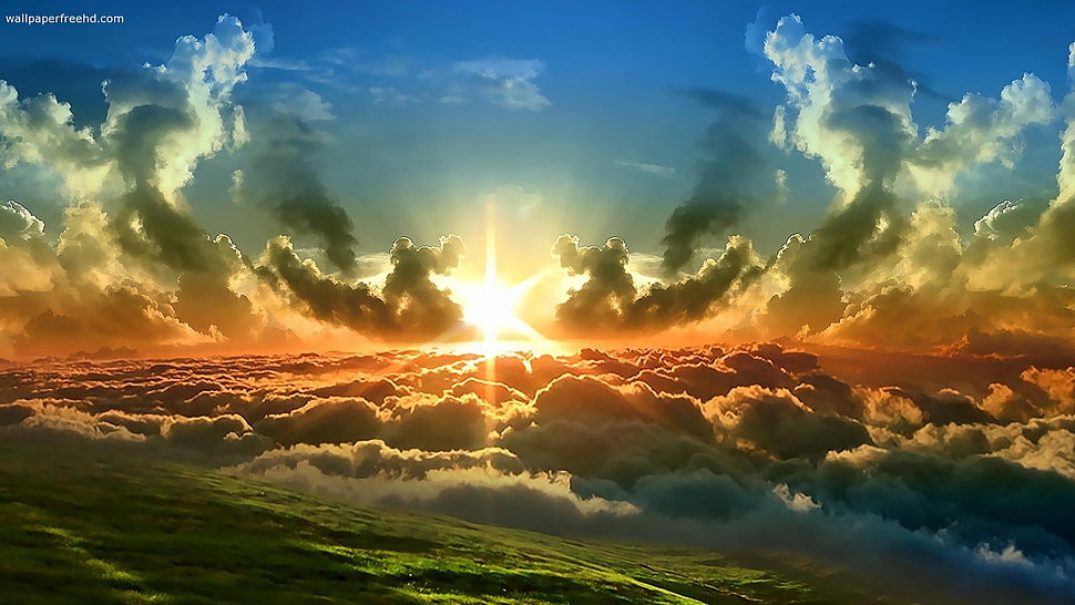 cumulus clouds, clouds, sunset, digital art, sunlight HD wallpaper