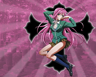 pink-haired anime female character in green school uniform with cross in background wallpaper