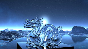 blue dragon illustration, dragon, 3D, Refraction, night HD wallpaper