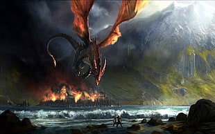 red dragon flying above body of water graphic wallpaper, dragon, fire, burning, mountains