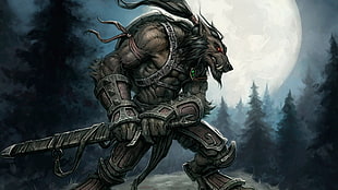 brown wolf monster holding sword clip art, werewolves, artwork