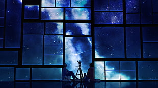 black telescope, sky, stars, telescope, window