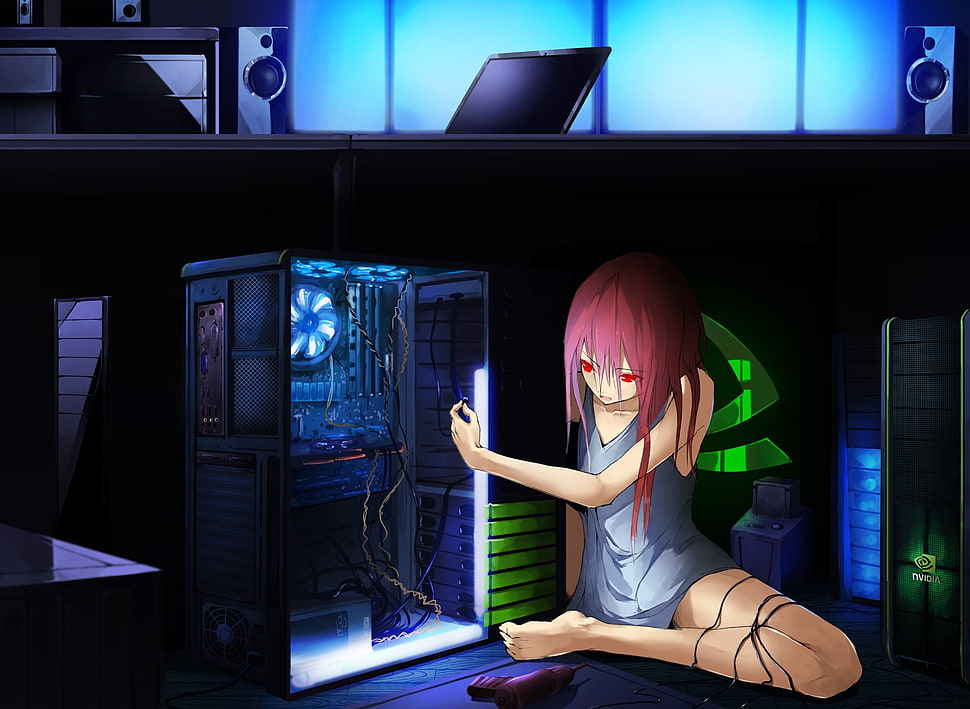 gray and blue computer tower illustration HD wallpaper