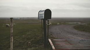 black mailbox, landscape, depth of field
