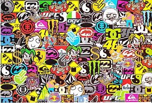 multicolored product lot collage, Sticker Bomb, sticks, bombs HD wallpaper