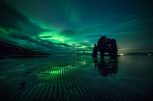 body of water, aurora  borealis, green, reflection, sky
